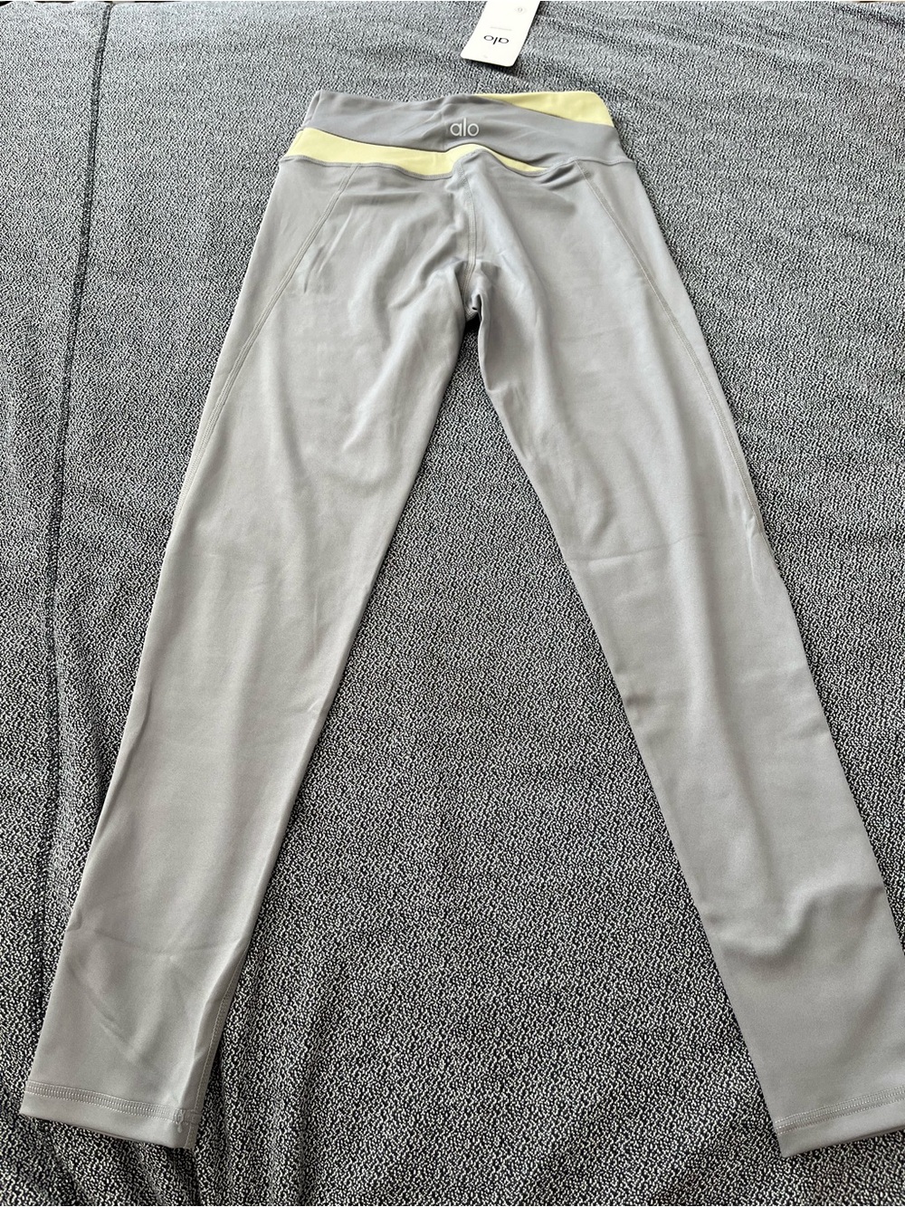 ALO Yoga Light Gray Leggings with Yellow Waistband